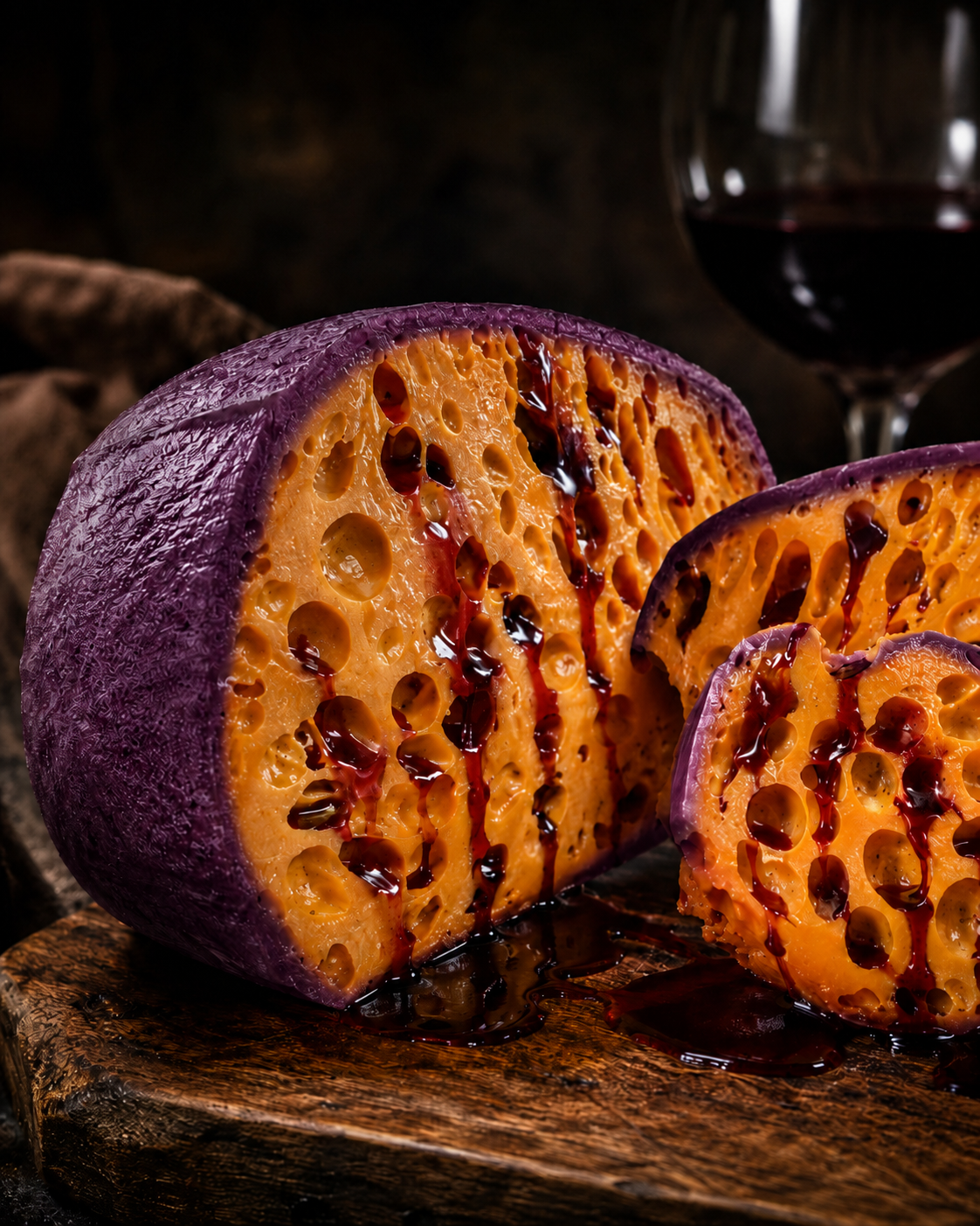 Queijo Ruby Francês Maturado no Vinho - Casca Roxa e Sabor Marcante